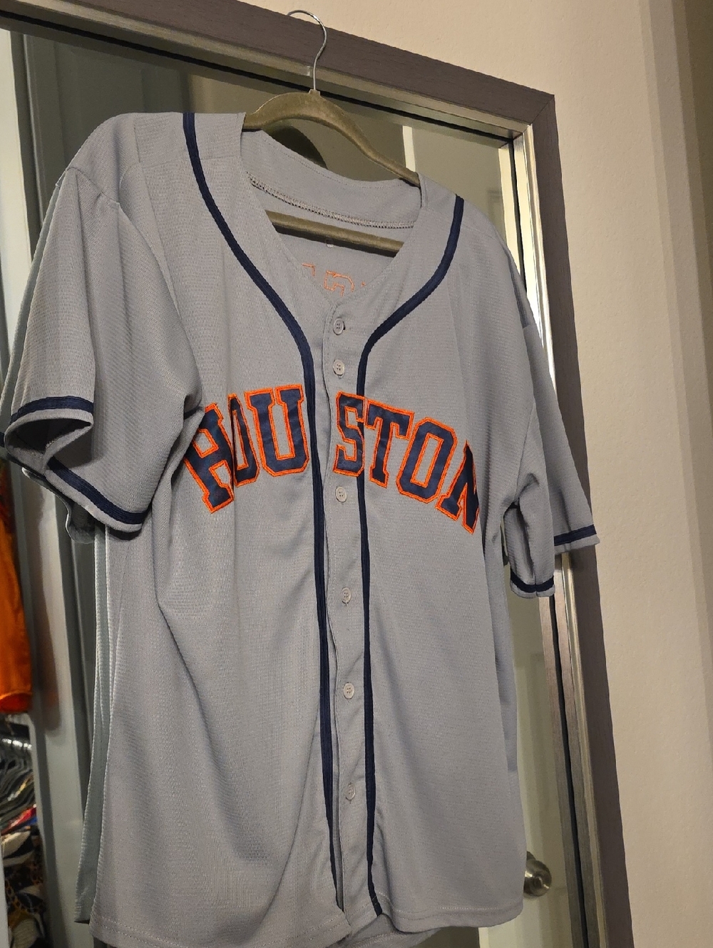 Houston Baseball Jersey in Light Gray with Orange Navy Accents